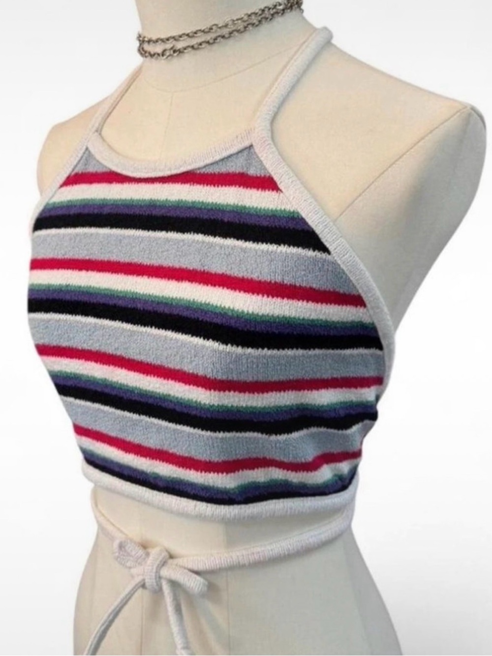 Zara Striped Knit Halter Crop Top in Light Gray and Multicolor